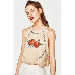 Zara Trafaluc Embroidered Rose Faux Suede Crop Top, S